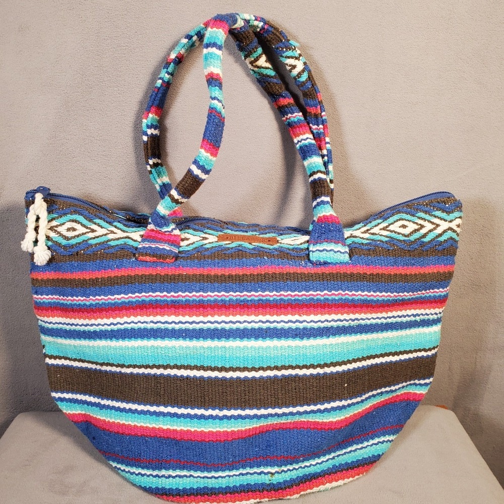 Billabong Tote Bag Blue Red Stripe Woven Aztec Southwestern Boho Festival Beach